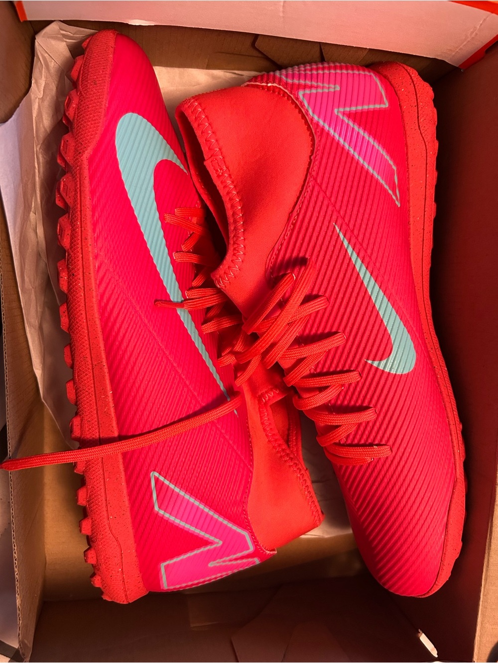 Nike Red Turf Soccer Shoes with Light Teal Swoosh